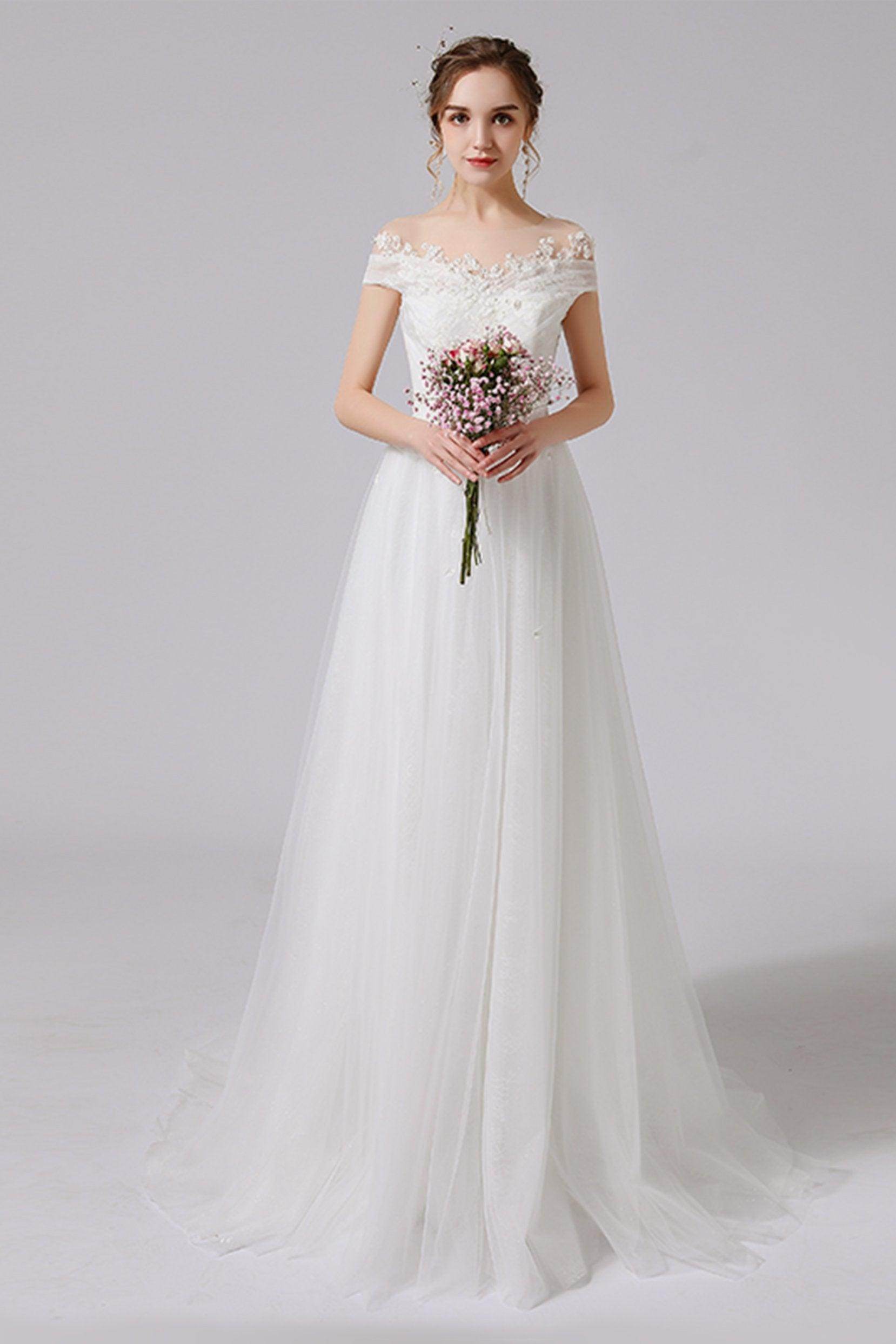 A-Line Sweep-Brush Train Lace Tulle Wedding Dress CW2711 - COCOMELODY